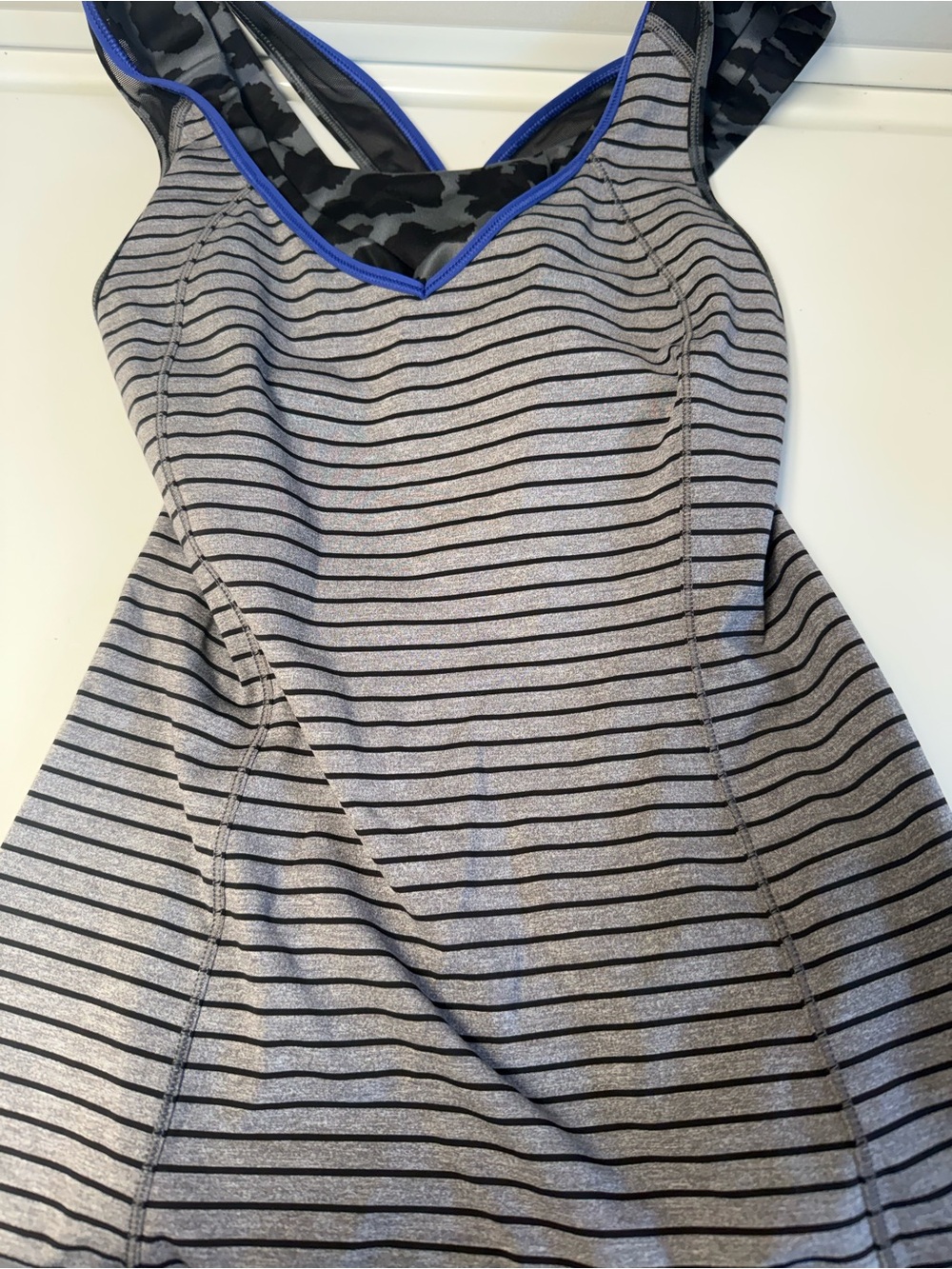 lululemon athletica Gray and Black Striped Tank with Blue Trim